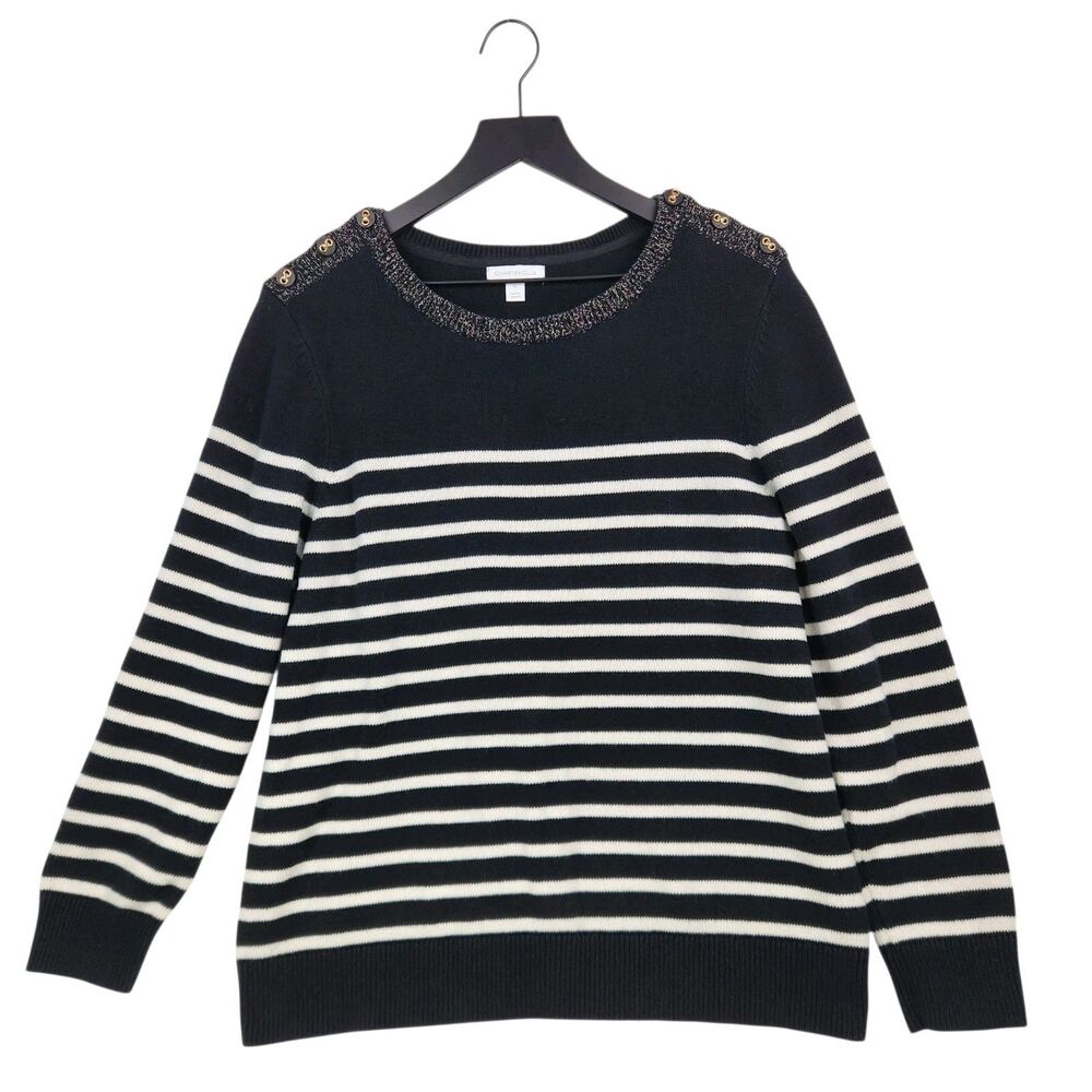 Charter Club Cotton Sweater XL Black Nautical Stripe Chain Holiday Metallic Neck